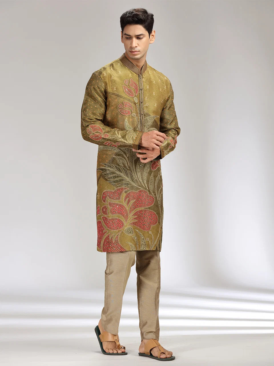 Green Tissue Silk Embroidered & Printed Kurta Set