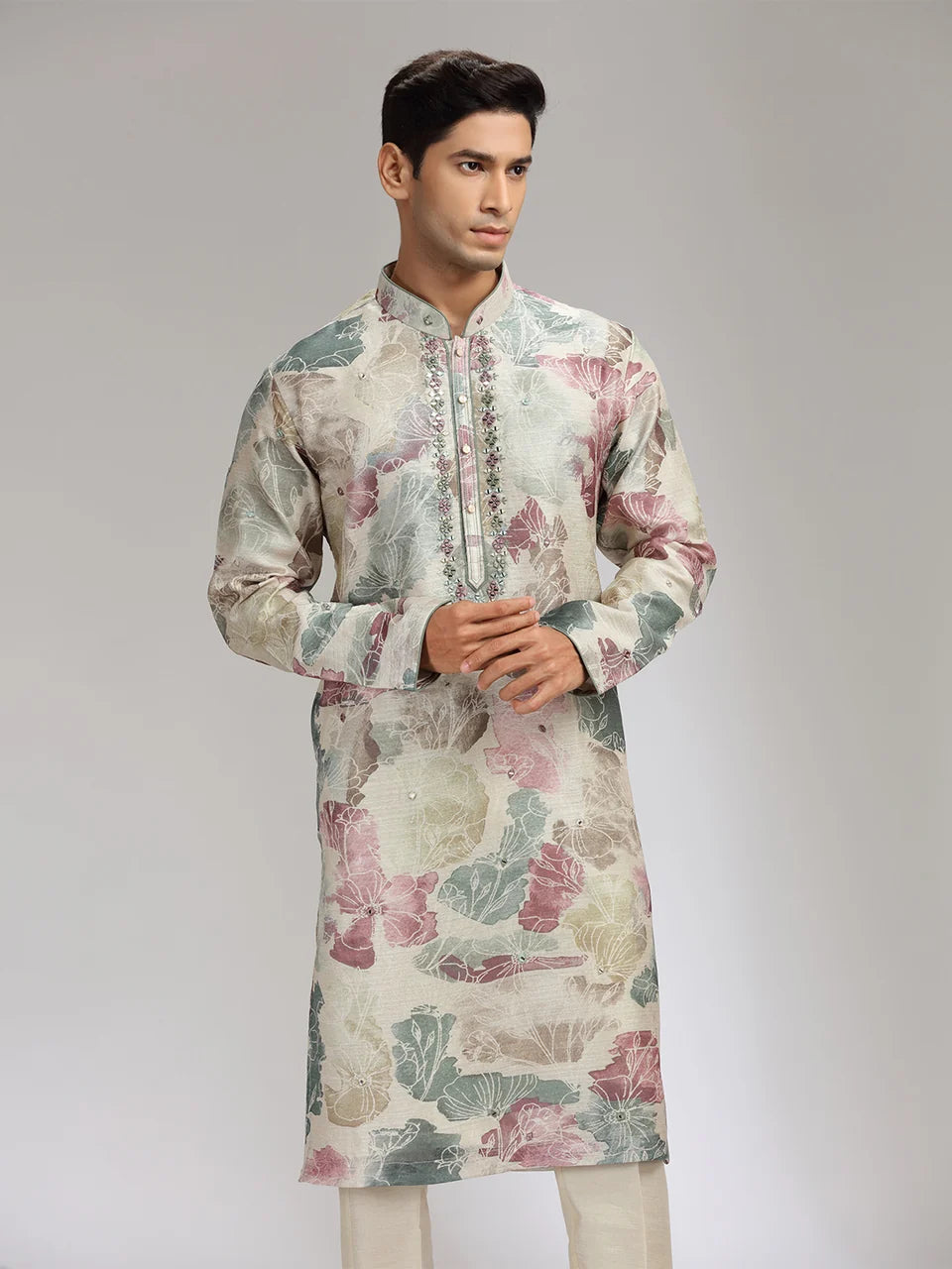 Pista Tissue Silk Embroidered & Printed Kurta Set