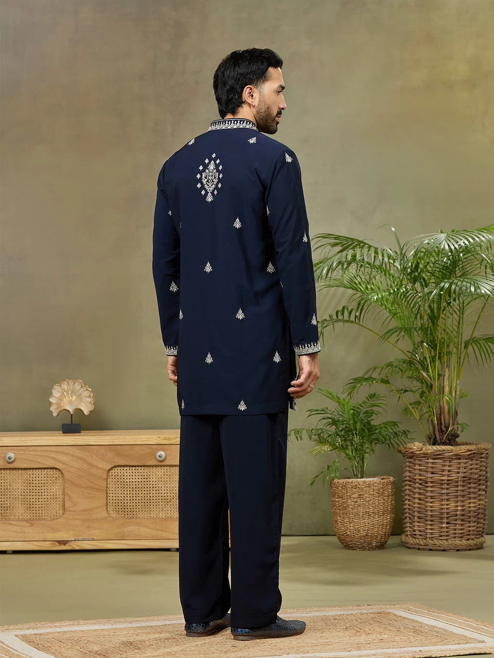 Navy Silk Embroidered Kurta with Plazzo Pant