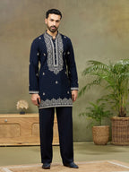 Navy Silk Embroidered Kurta with Plazzo Pant
