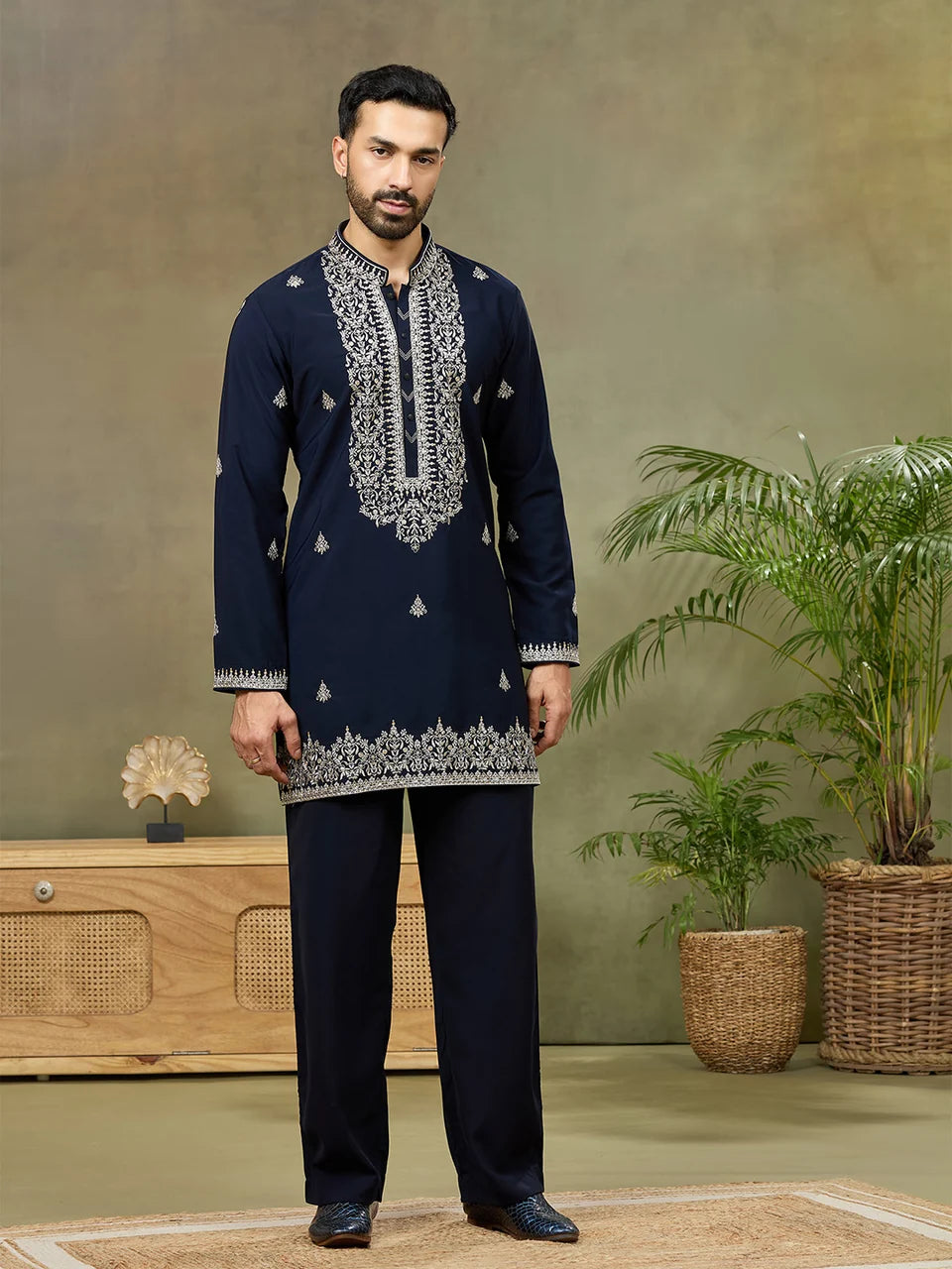 Navy Silk Embroidered Kurta with Plazzo Pant