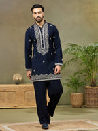 Navy Silk Embroidered Kurta with Plazzo Pant