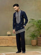 Navy Silk Embroidered Kurta with Plazzo Pant