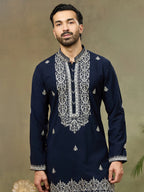 Navy Silk Embroidered Kurta with Plazzo Pant