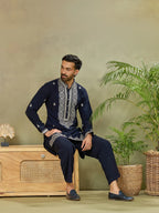 Navy Silk Embroidered Kurta with Plazzo Pant