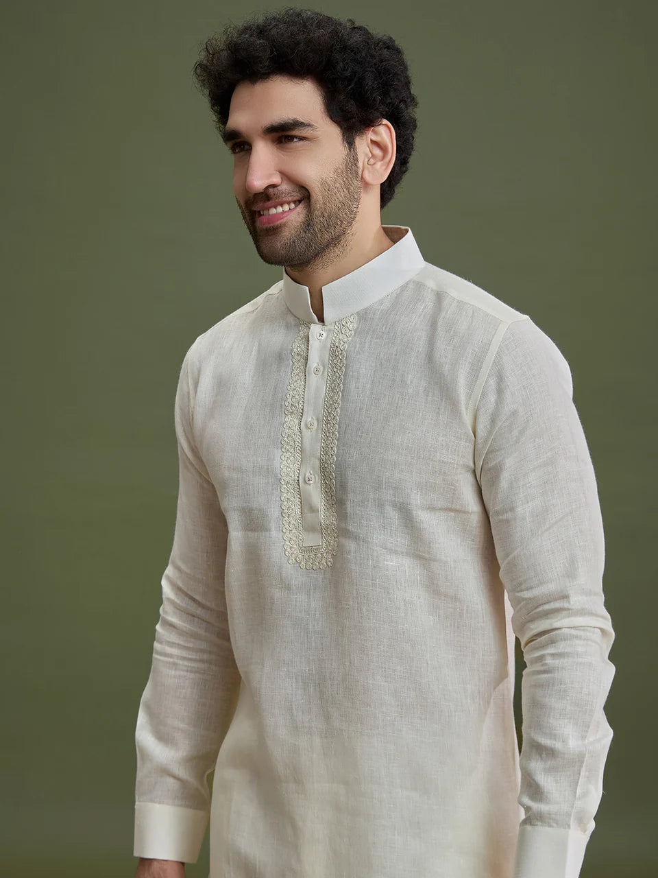 Cream Linen Silk Kurta Set for Men with Dori Embroidery & Pant