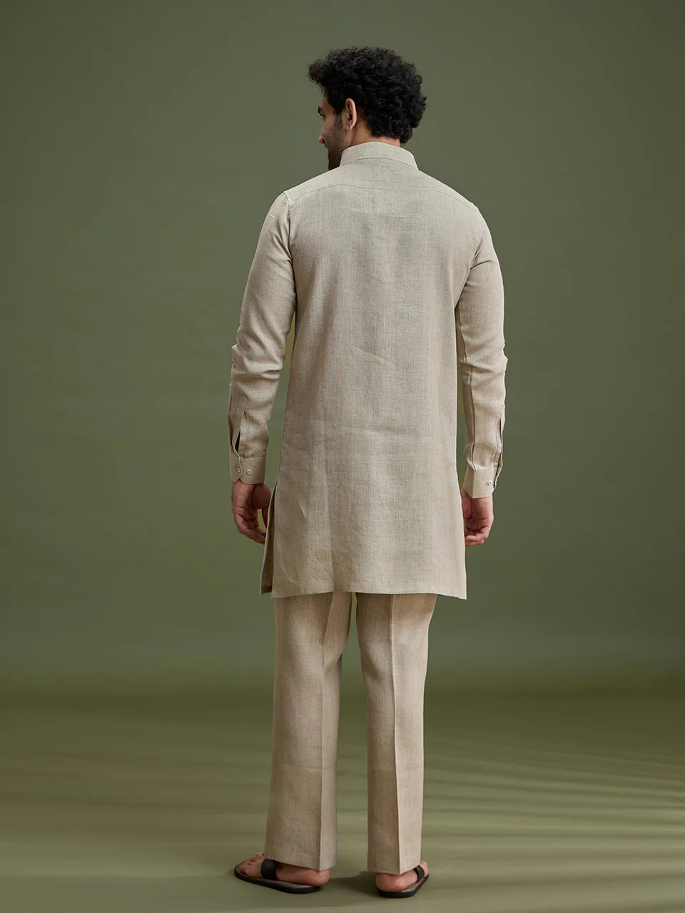 Fawn Linen Kurta Set for Men with Dori Embroidery & Aligarhi