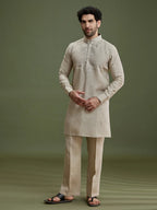 Fawn Linen Kurta Set for Men with Dori Embroidery & Aligarhi