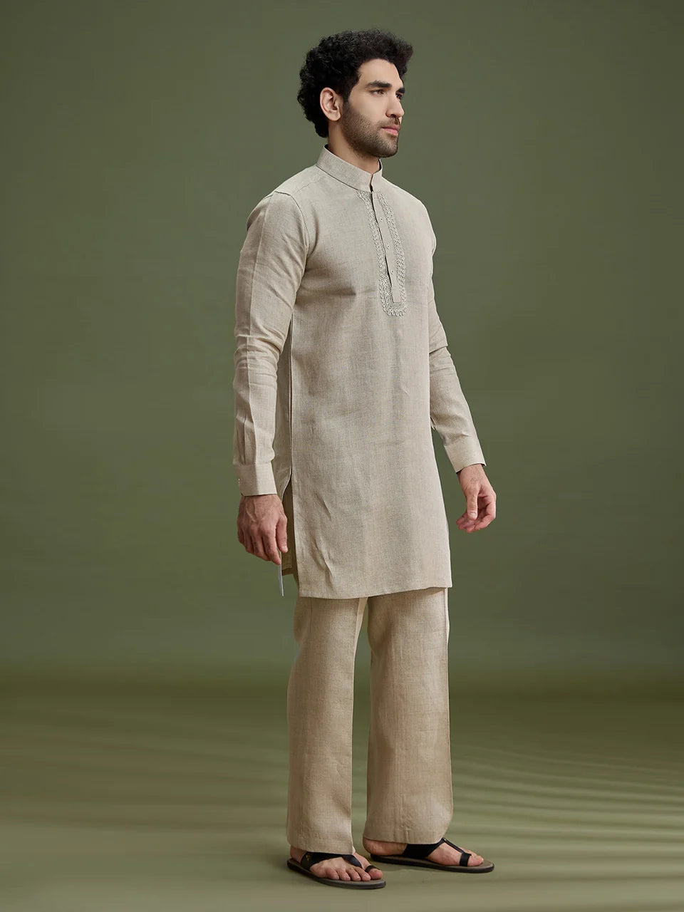 Fawn Linen Kurta Set for Men with Dori Embroidery & Aligarhi
