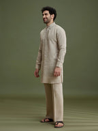 Fawn Linen Kurta Set for Men with Dori Embroidery & Aligarhi