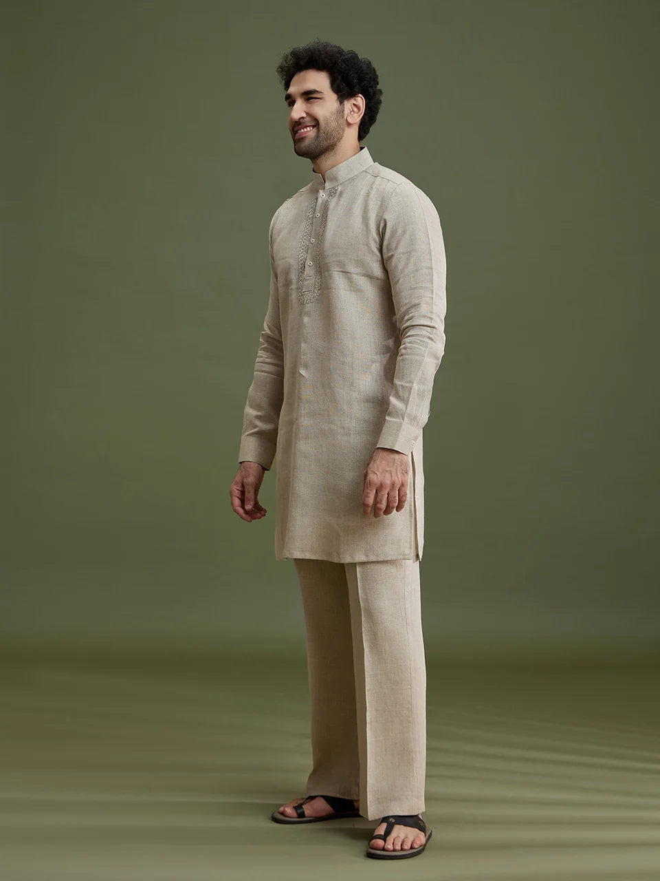 Fawn Linen Kurta Set for Men with Dori Embroidery & Aligarhi