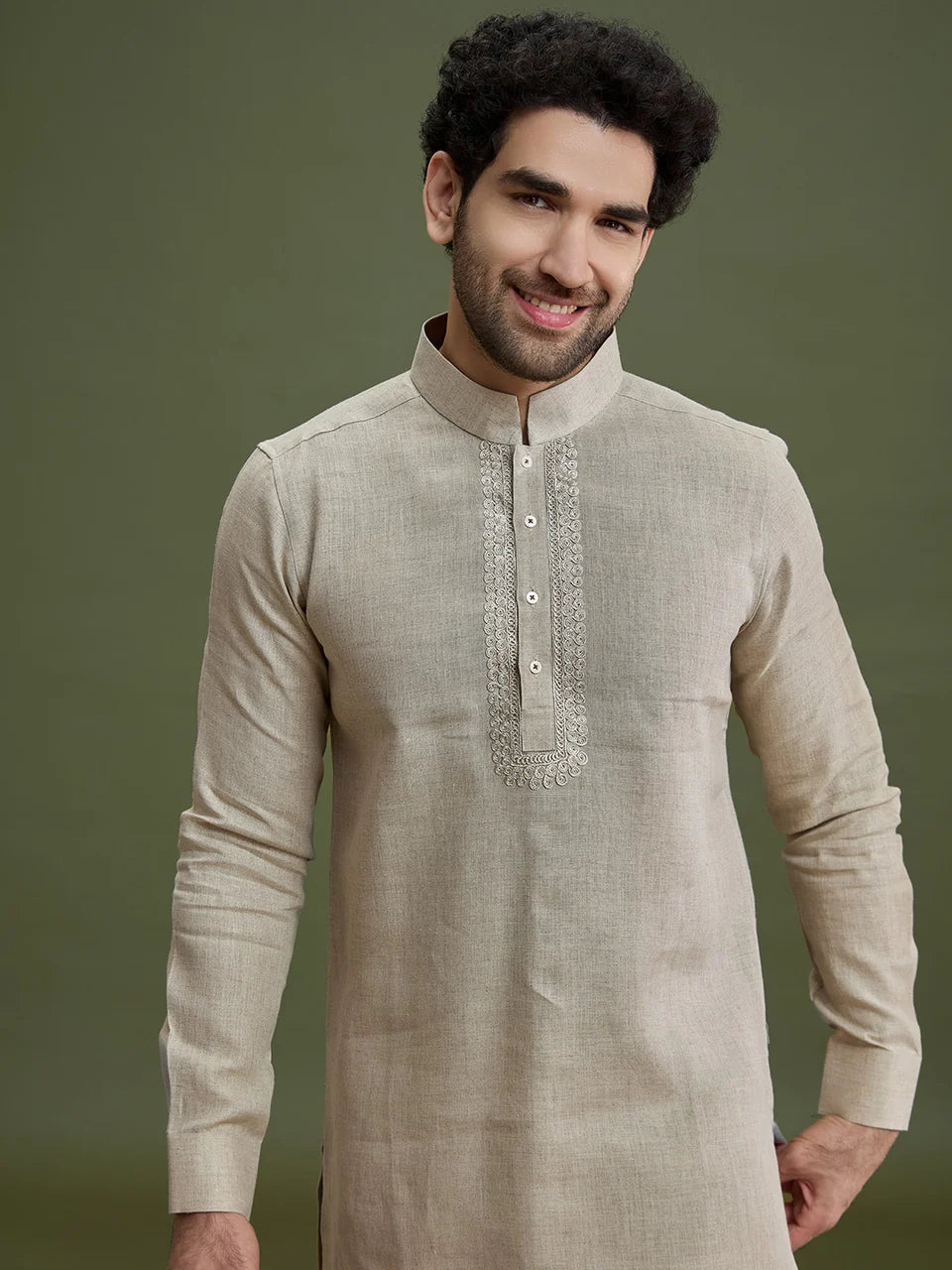 Fawn Linen Kurta Set for Men with Dori Embroidery & Aligarhi