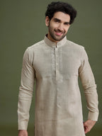 Fawn Linen Kurta Set for Men with Dori Embroidery & Aligarhi