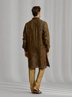 Olive silk-blend kurta with rhythmic print, paired with antique gold Aligarhi pants.