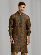 Olive silk-blend kurta with rhythmic print, paired with antique gold Aligarhi pants.
