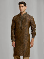 Olive silk-blend kurta with rhythmic print, paired with antique gold Aligarhi pants.