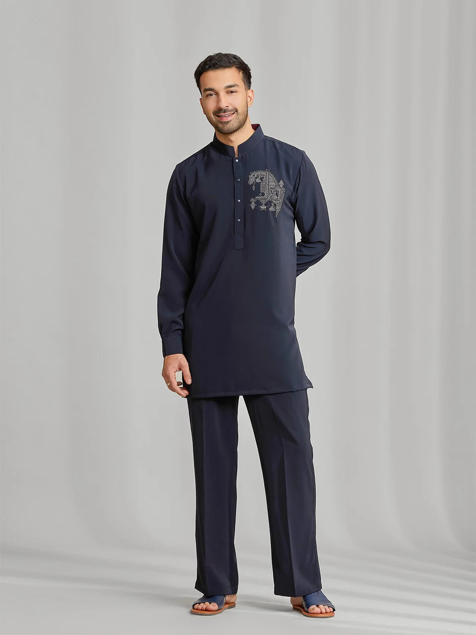 Navy Silk Motif Kurta Set