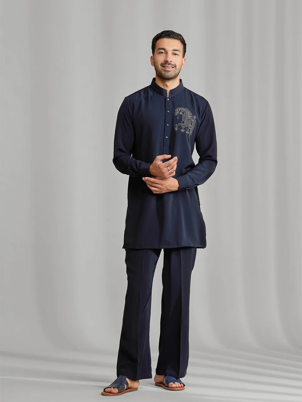 Navy Silk Motif Kurta Set