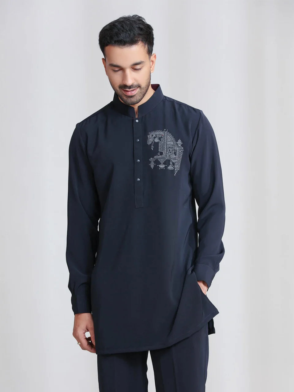 Navy Silk Motif Kurta Set