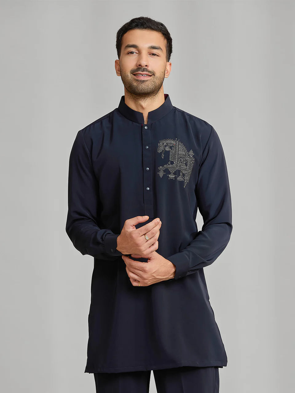 Navy Silk Motif Kurta Set