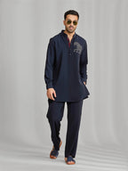 Navy Silk Motif Kurta Set