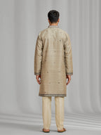 Fawn Silk Artisan Print Kurta & Aligarhi Set