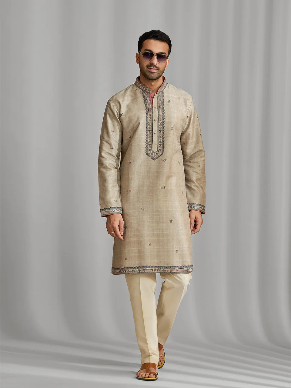 Fawn Silk Artisan Print Kurta & Aligarhi Set