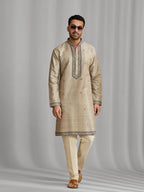 Fawn Silk Artisan Print Kurta & Aligarhi Set