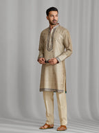 Fawn Silk Artisan Print Kurta & Aligarhi Set