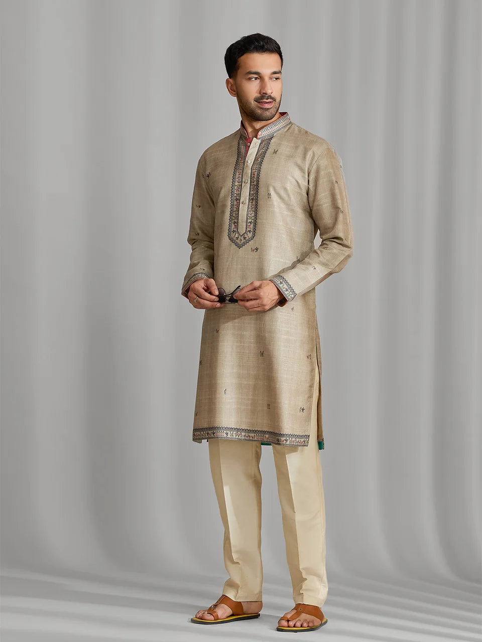 Fawn Silk Artisan Print Kurta & Aligarhi Set