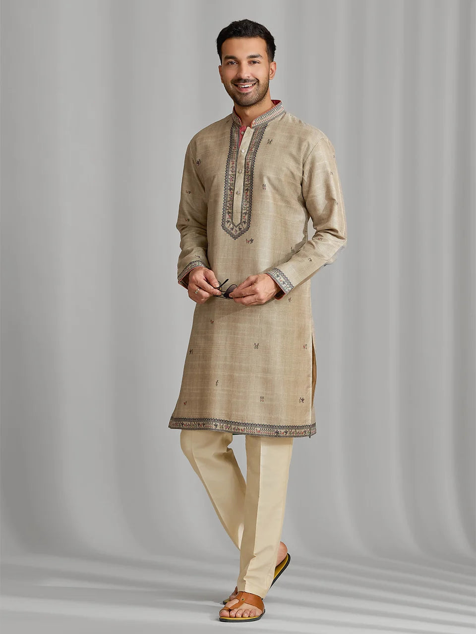 Fawn Silk Artisan Print Kurta & Aligarhi Set