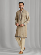 Fawn Silk Artisan Print Kurta & Aligarhi Set