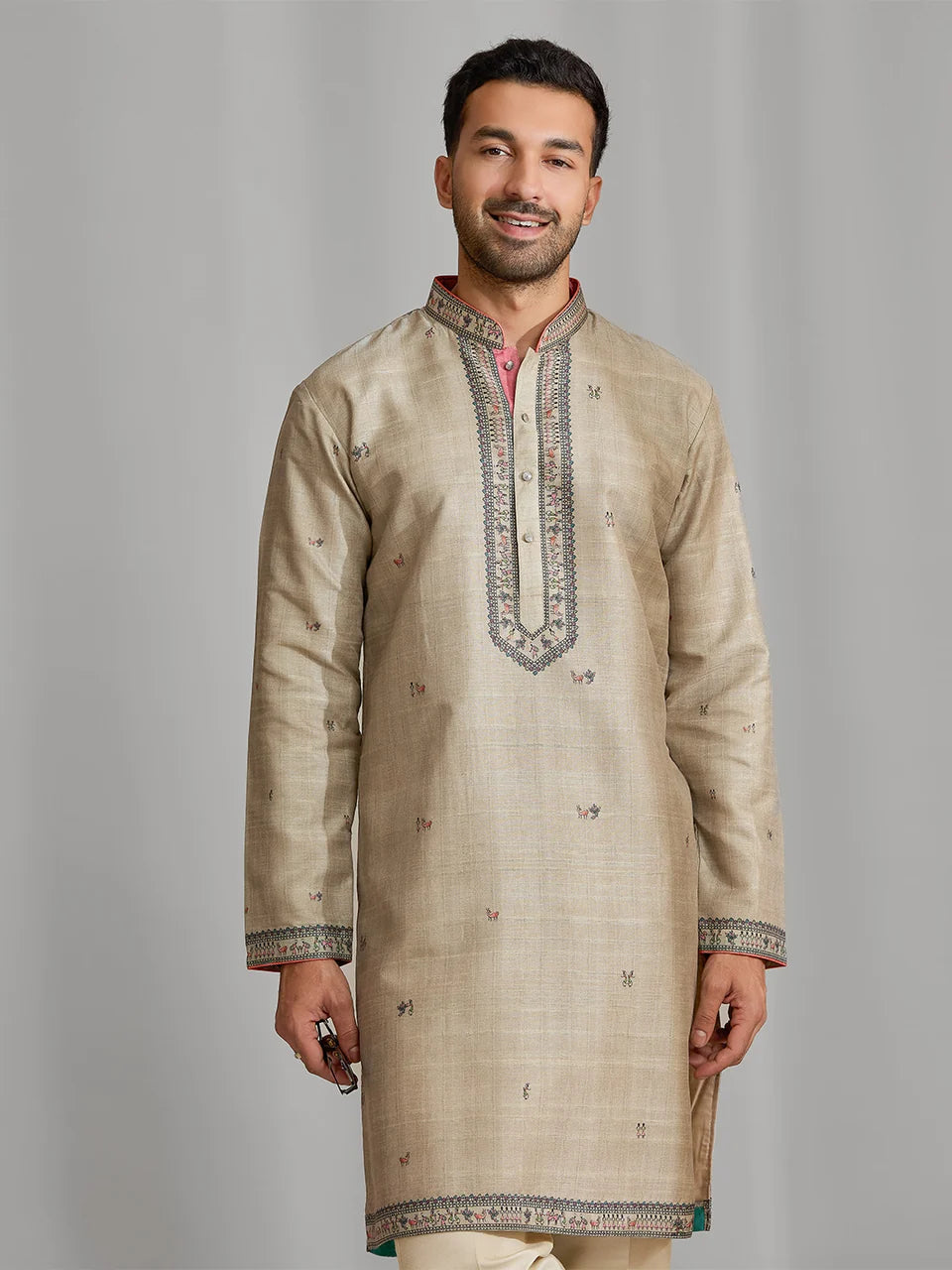 Fawn Silk Artisan Print Kurta & Aligarhi Set