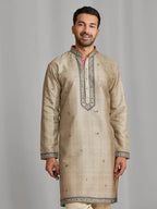 Fawn Silk Artisan Print Kurta & Aligarhi Set