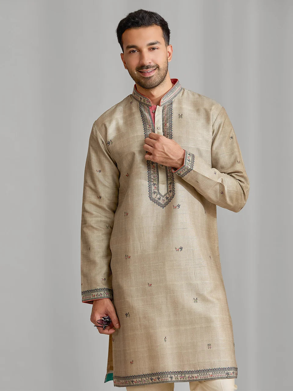 Fawn Silk Artisan Print Kurta & Aligarhi Set