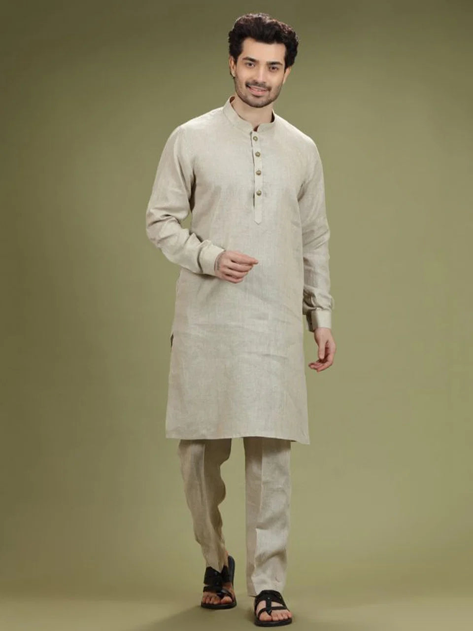Natural Beige Casual Linen Kurta Set