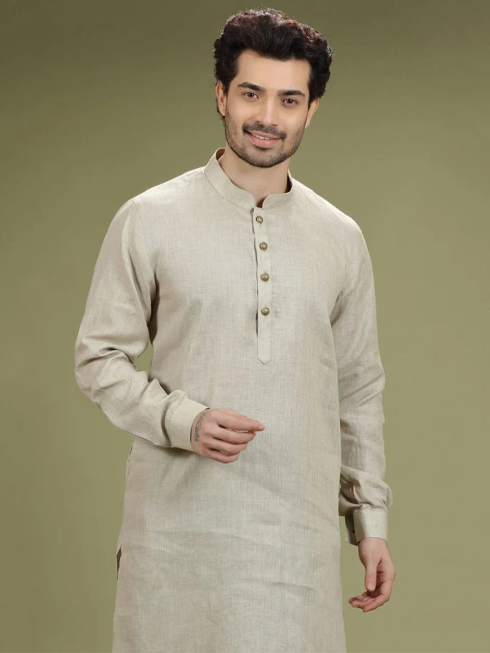 Natural Beige Casual Linen Kurta Set