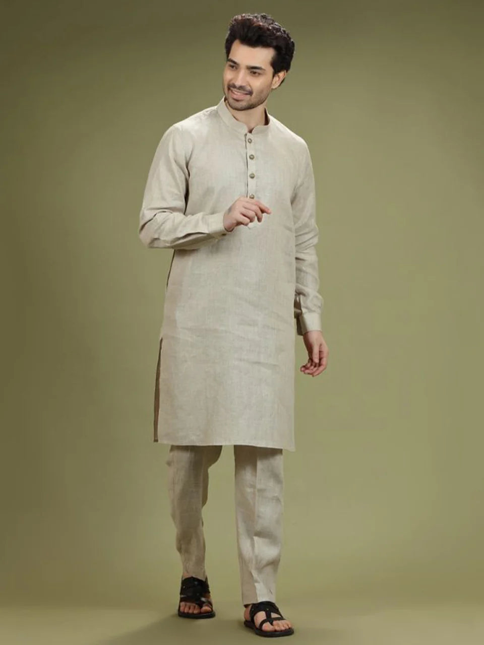Natural Beige Casual Linen Kurta Set