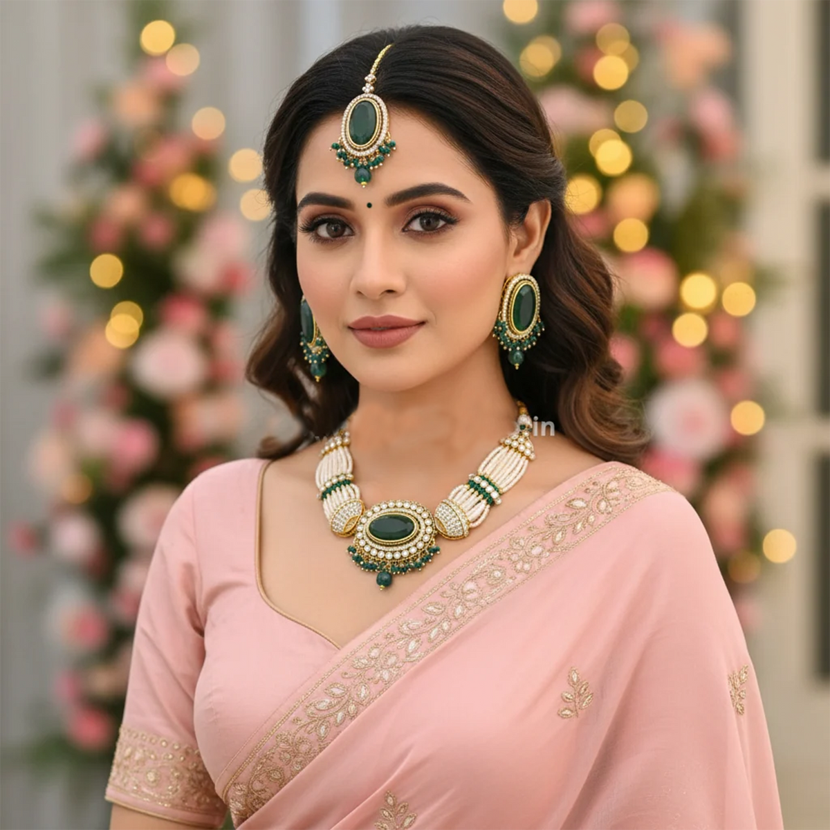 Emerald Santoshi Kundan Jewellery Set