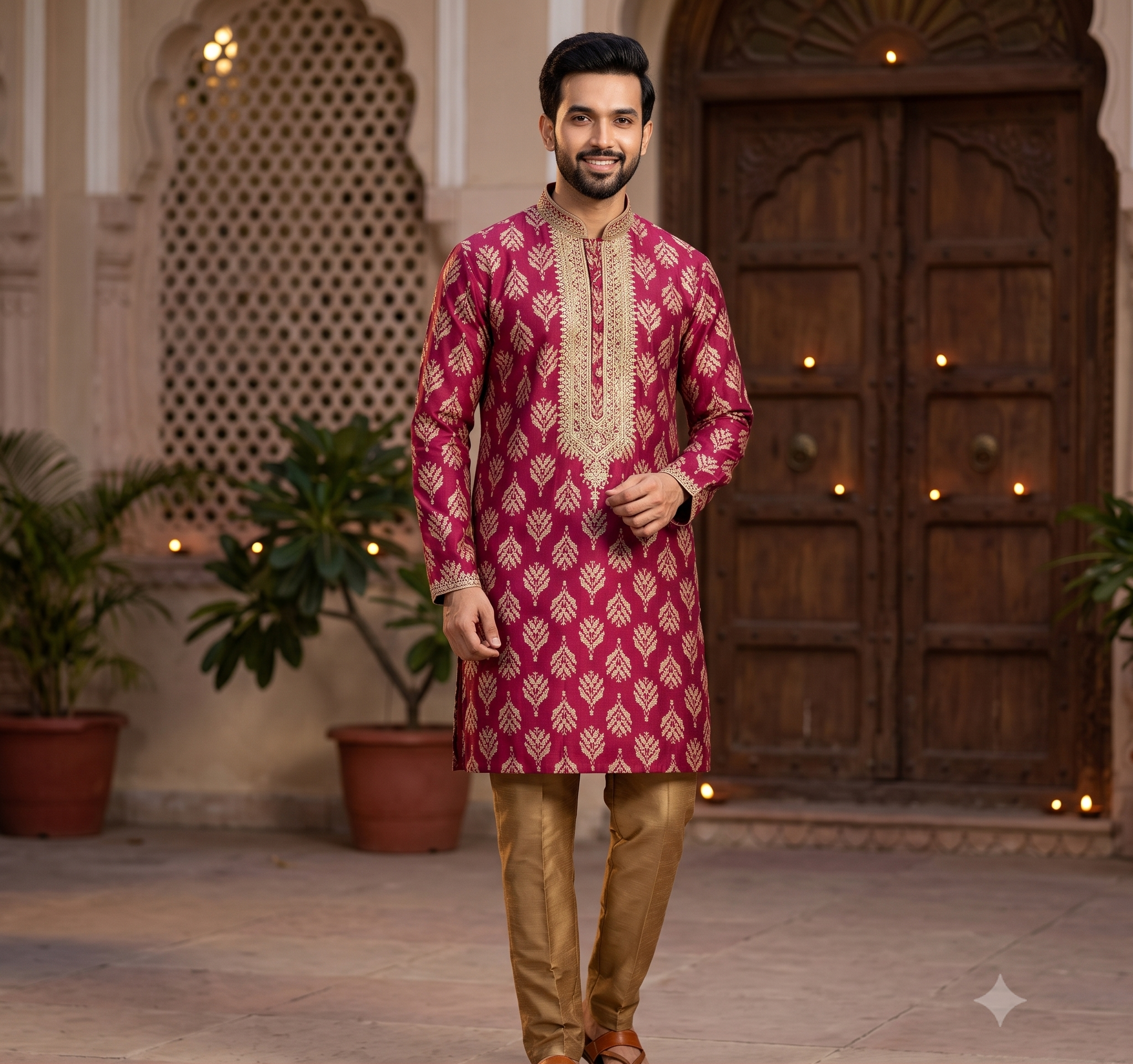 Wine Silk Kurta with Aligarhi Pant