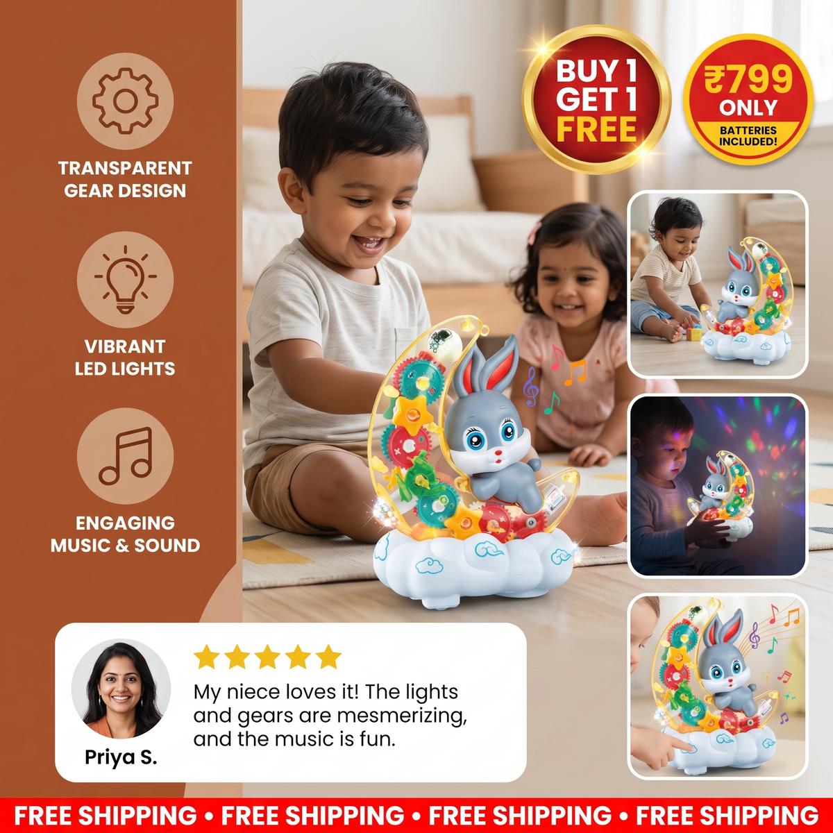 Light-Up Moon Bunny Toy – Transparent Gear Design with Music & LED Lights