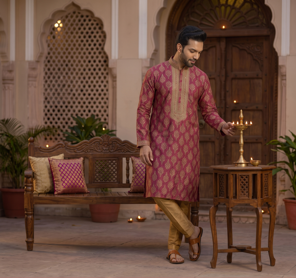 Wine Silk Kurta with Aligarhi Pant
