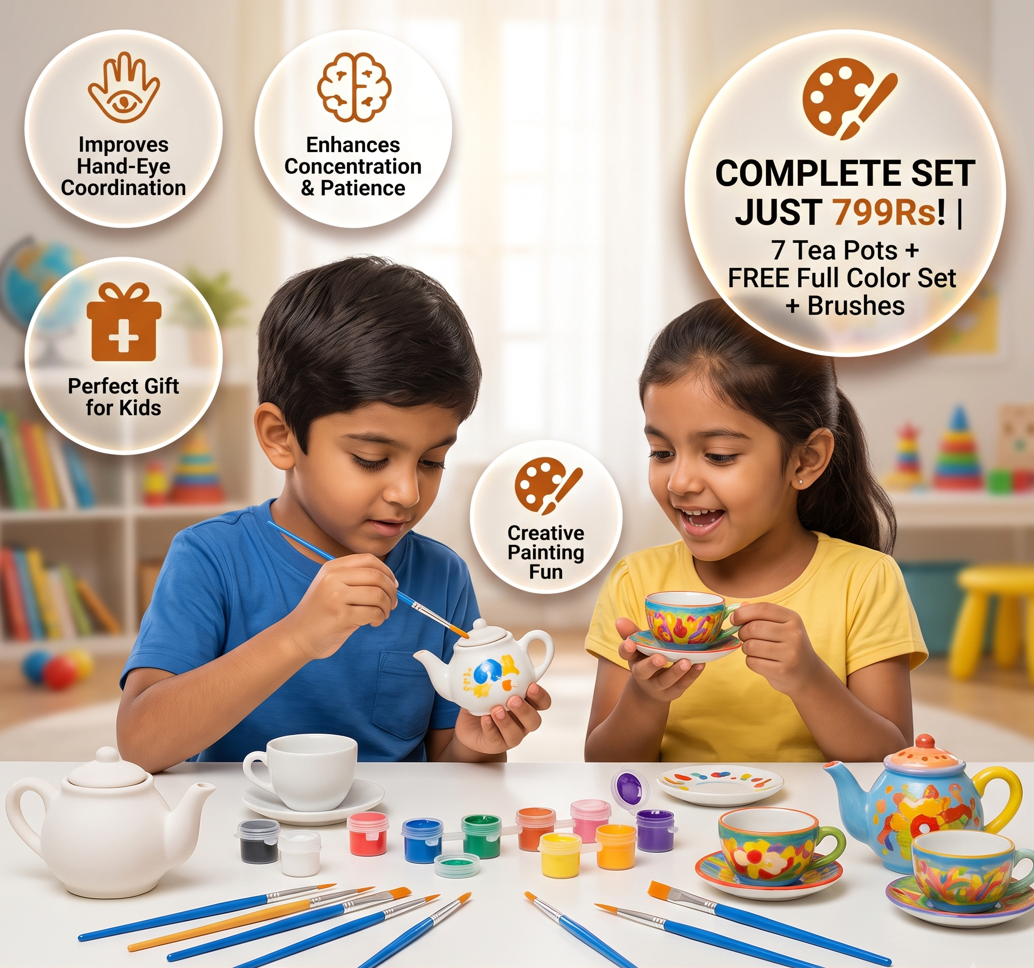 DIY Ceramic Tea Set Painting Kit for Kids | Boosts Creativity & Develops Motor Skills