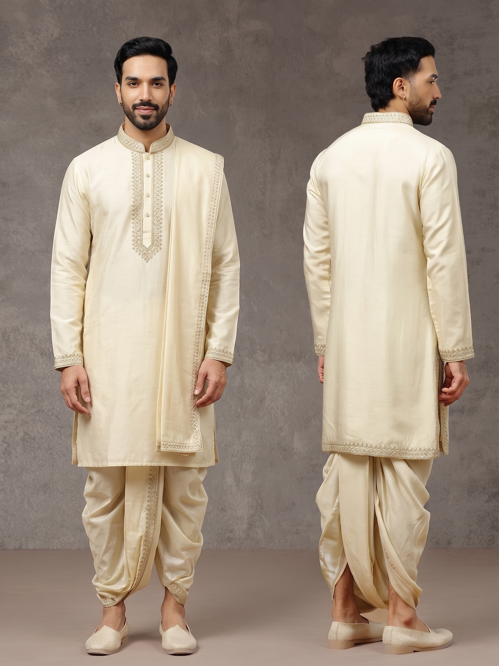 Silk Embroidered Kurta Set with Dupatta & Dhoti | Hand Embroidery