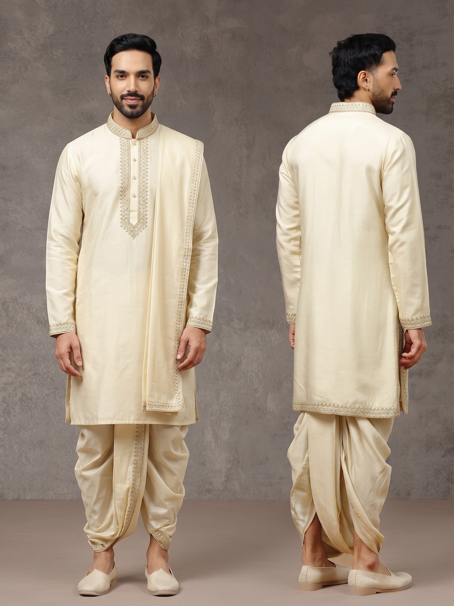 Silk Embroidered Kurta Set with Dupatta & Dhoti | Hand Embroidery