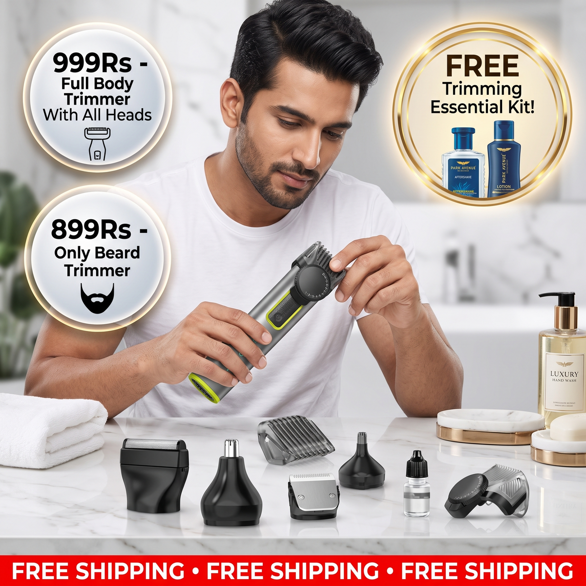 4-in-1 electric grooming set with replaceable trimmer heads | Full Body Grooming | 100% Cut-Free