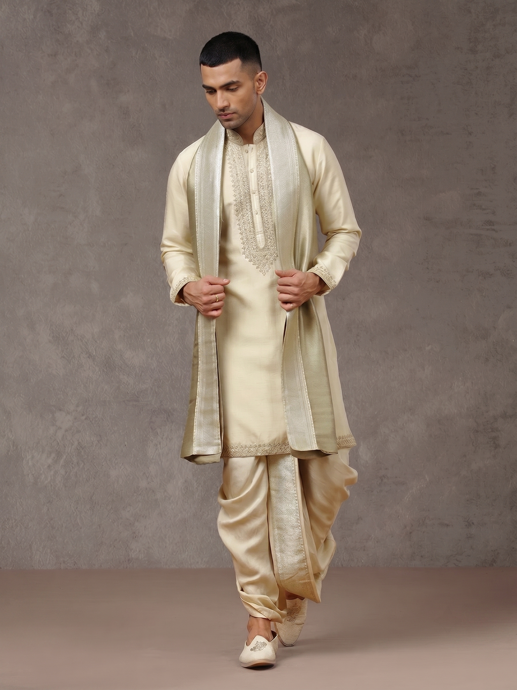 Silk Embroidered Kurta Set with Dupatta & Dhoti | Hand Embroidery