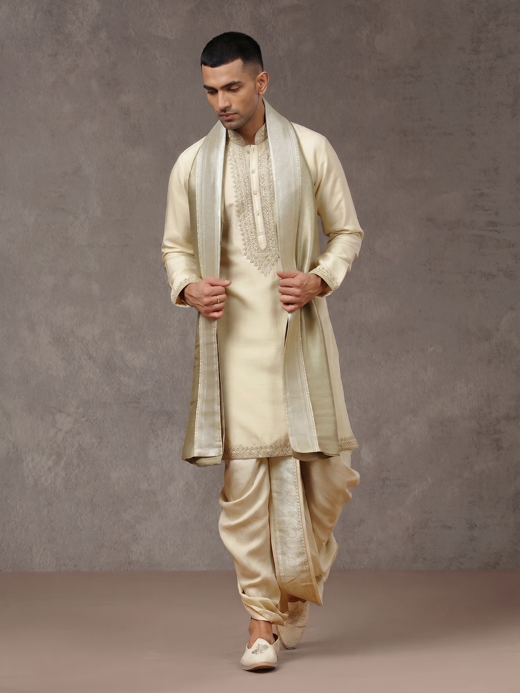 Silk Embroidered Kurta Set with Dupatta & Dhoti | Hand Embroidery