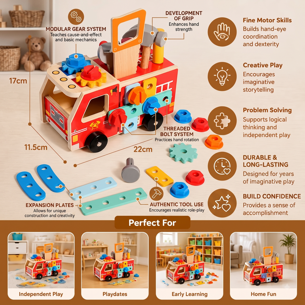 Montessori Wooden Firefighter Tool Box & Building Set | Develop Craft Skills & Creativity