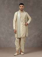 Silk Embroidered Kurta Set with Dupatta & Dhoti | Hand Embroidery